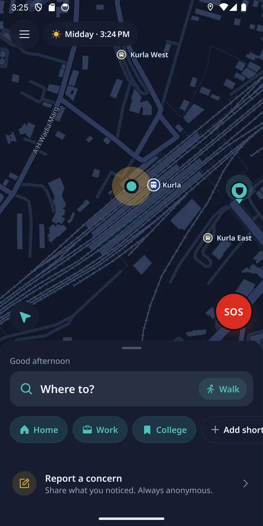 Nari Kavach home screen with map and Where to? search