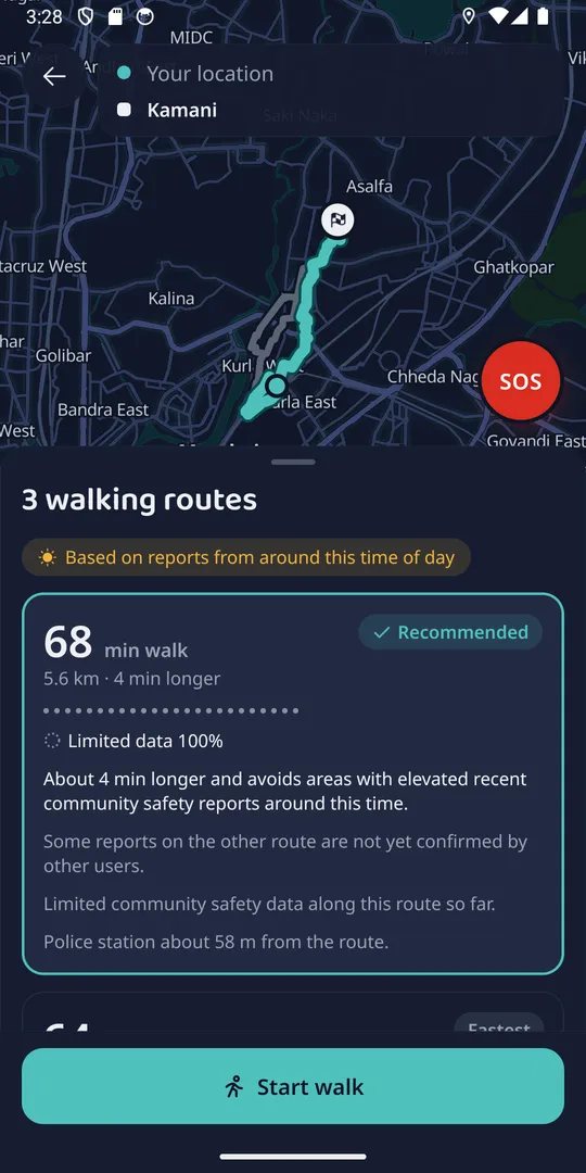 Three walking routes compared, with the recommended route explained